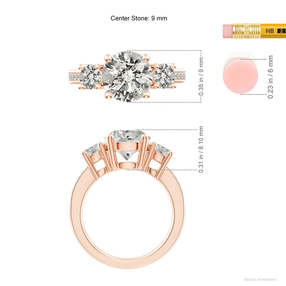 9.2mm KI3 Classic Three Stone Diamond Ring in Rose Gold ruler