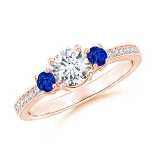 5mm GVS2 Classic Three Stone Diamond and Blue Sapphire Ring in 10K Rose Gold