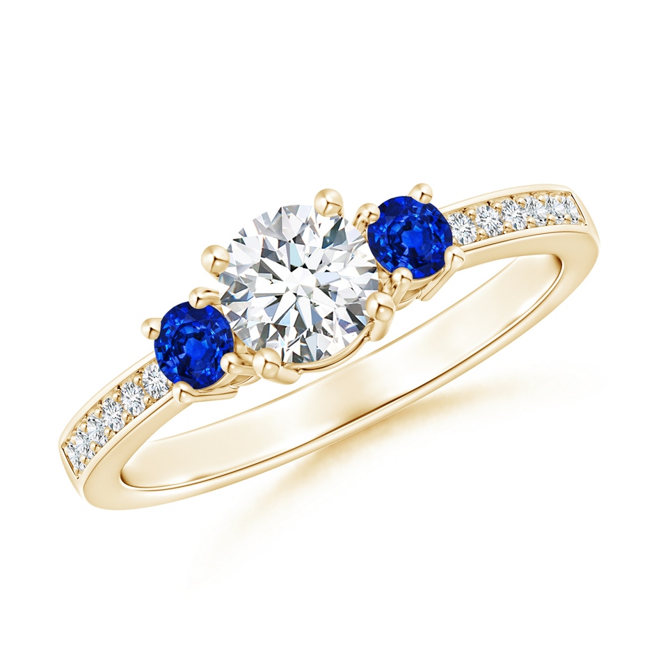 5mm GVS2 Classic Three Stone Diamond and Blue Sapphire Ring in Yellow Gold 