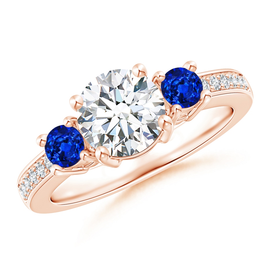 7mm GVS2 Classic Three Stone Diamond and Blue Sapphire Ring in Rose Gold 