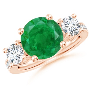 10mm AA Classic Three Stone Emerald and Diamond Ring in Rose Gold