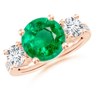 10mm AAA Classic Three Stone Emerald and Diamond Ring in Rose Gold