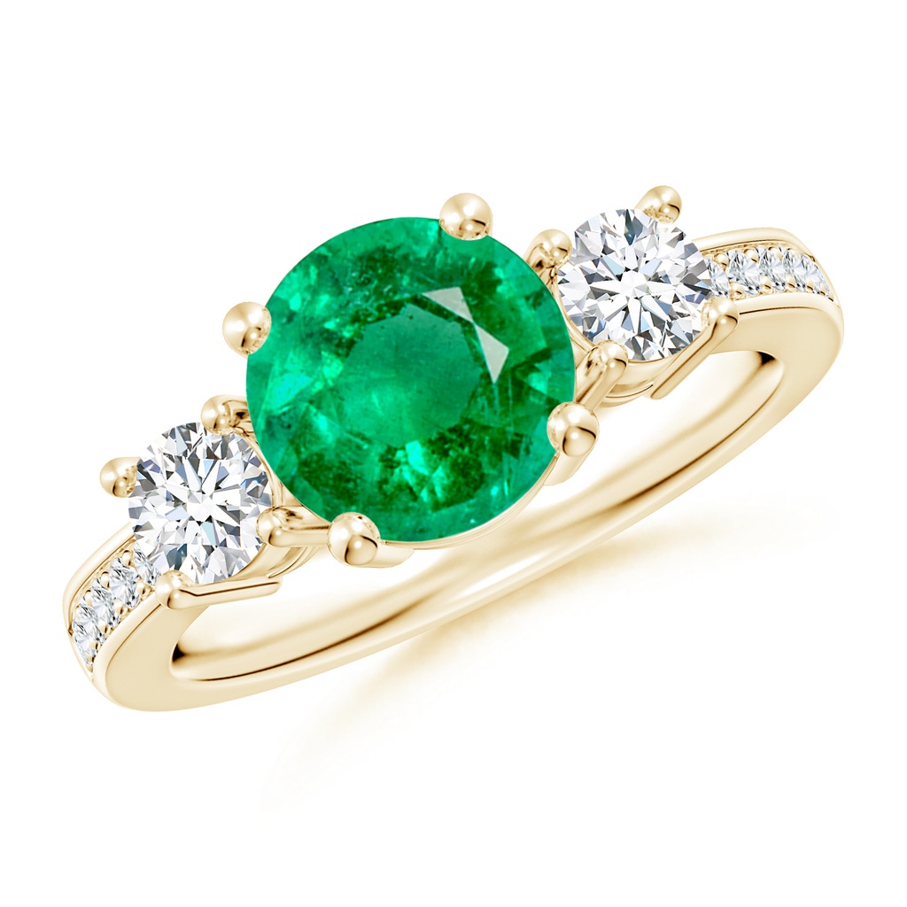8mm AAA Classic Three Stone Emerald and Diamond Ring in Yellow Gold