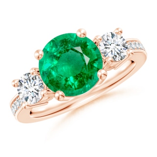 9mm AAA Classic Three Stone Emerald and Diamond Ring in Rose Gold