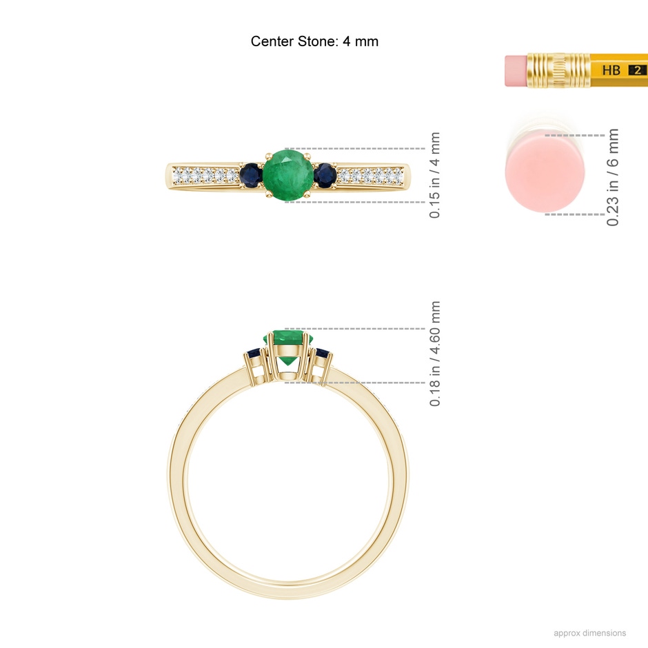 4mm A Classic Three Stone Emerald and Blue Sapphire Ring in Yellow Gold ruler