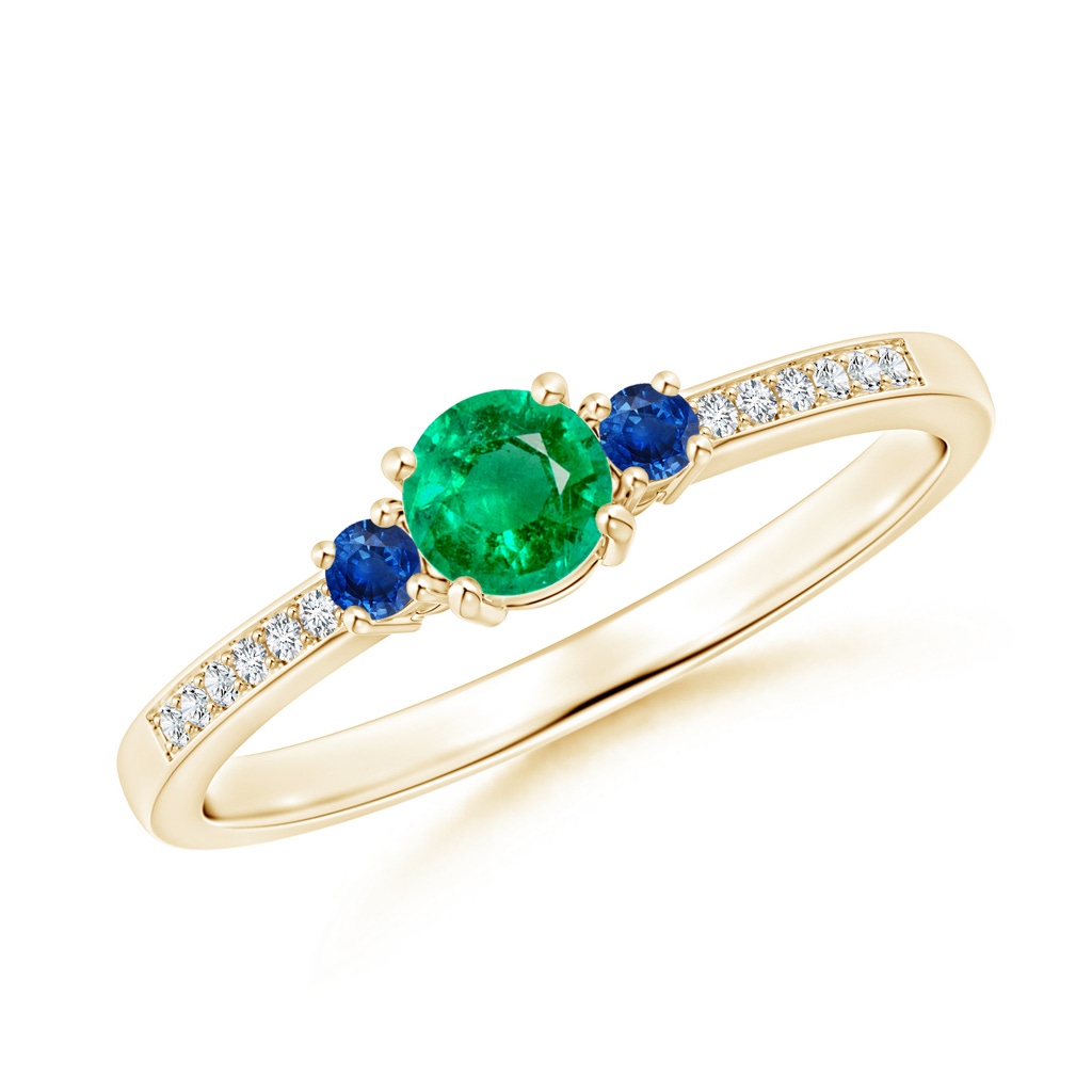 4mm AAA Classic Three Stone Emerald and Blue Sapphire Ring in Yellow Gold