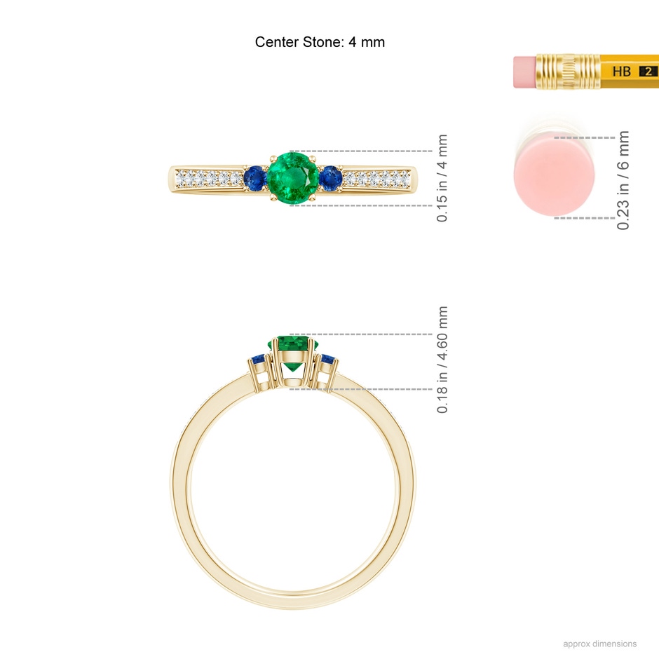 4mm AAA Classic Three Stone Emerald and Blue Sapphire Ring in Yellow Gold ruler