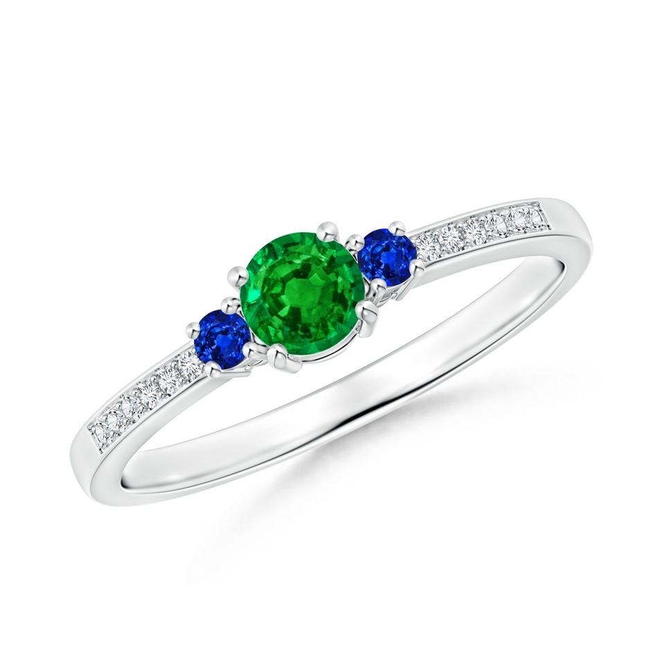 4mm AAAA Classic Three Stone Emerald and Blue Sapphire Ring in White Gold 