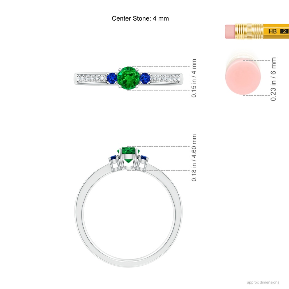 4mm AAAA Classic Three Stone Emerald and Blue Sapphire Ring in White Gold ruler