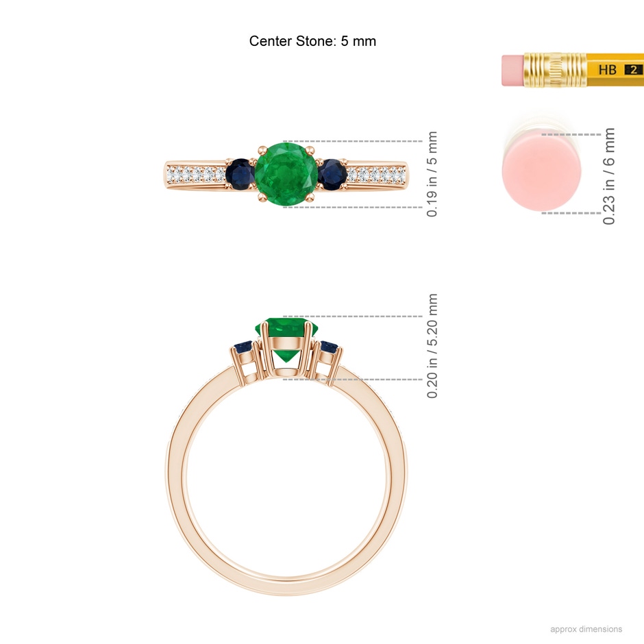 5mm AA Classic Three Stone Emerald and Blue Sapphire Ring in Rose Gold ruler