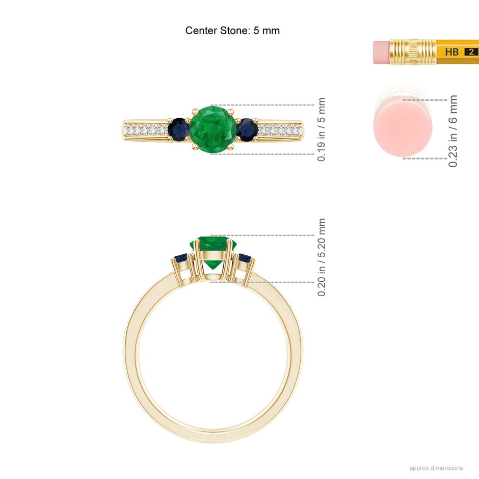 5mm AA Classic Three Stone Emerald and Blue Sapphire Ring in Yellow Gold ruler