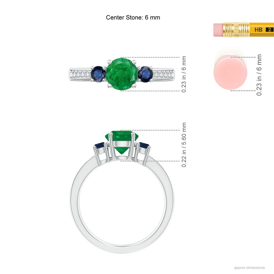 6mm AA Classic Three Stone Emerald and Blue Sapphire Ring in White Gold ruler