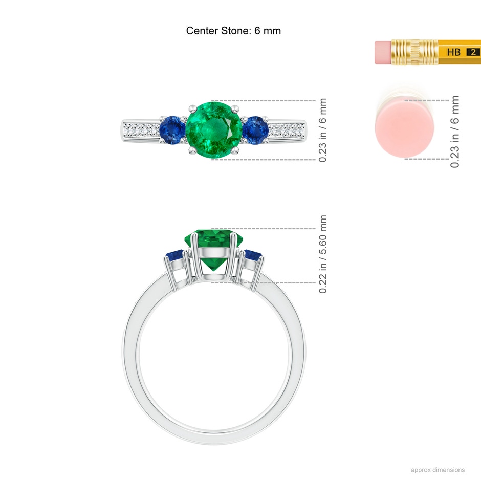 6mm AAA Classic Three Stone Emerald and Blue Sapphire Ring in White Gold ruler