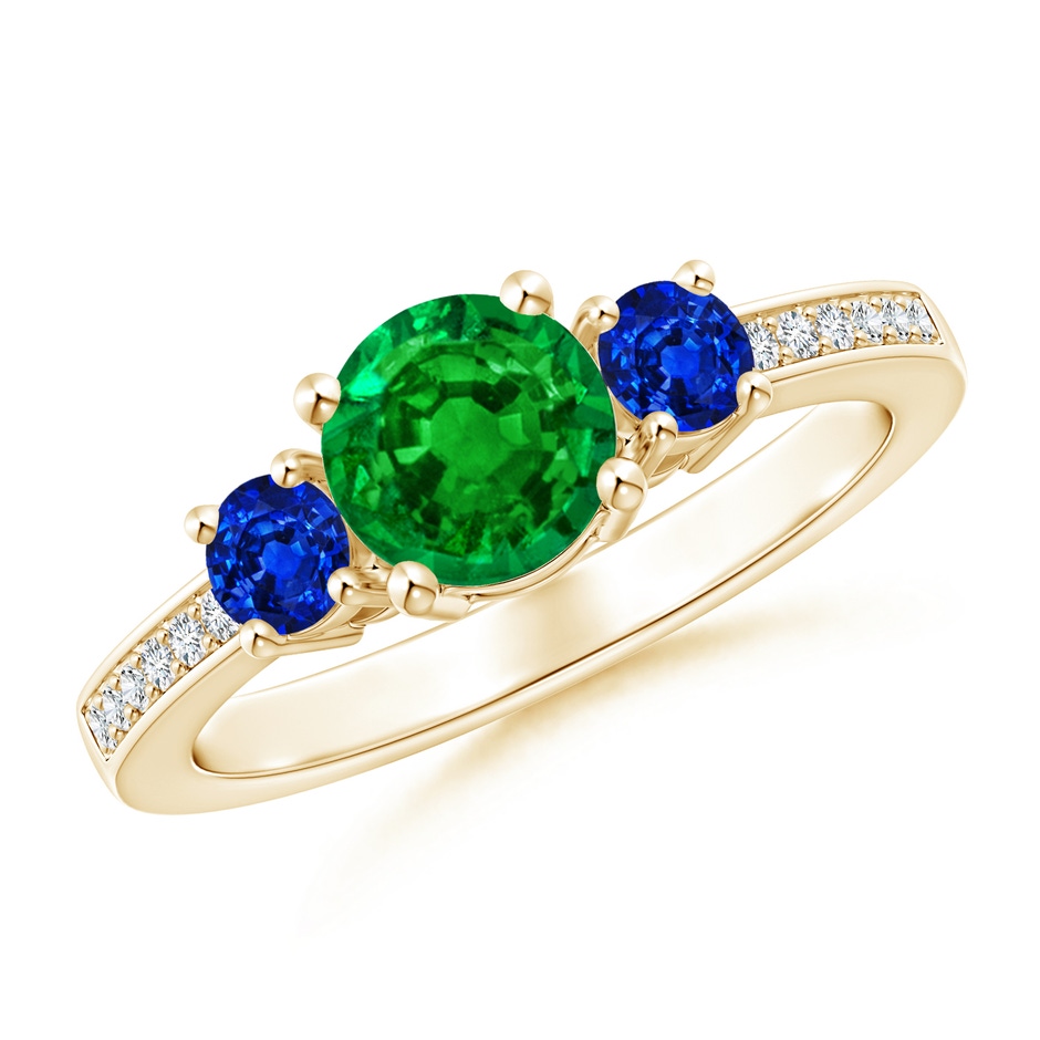 6mm AAAA Classic Three Stone Emerald and Blue Sapphire Ring in Yellow Gold 