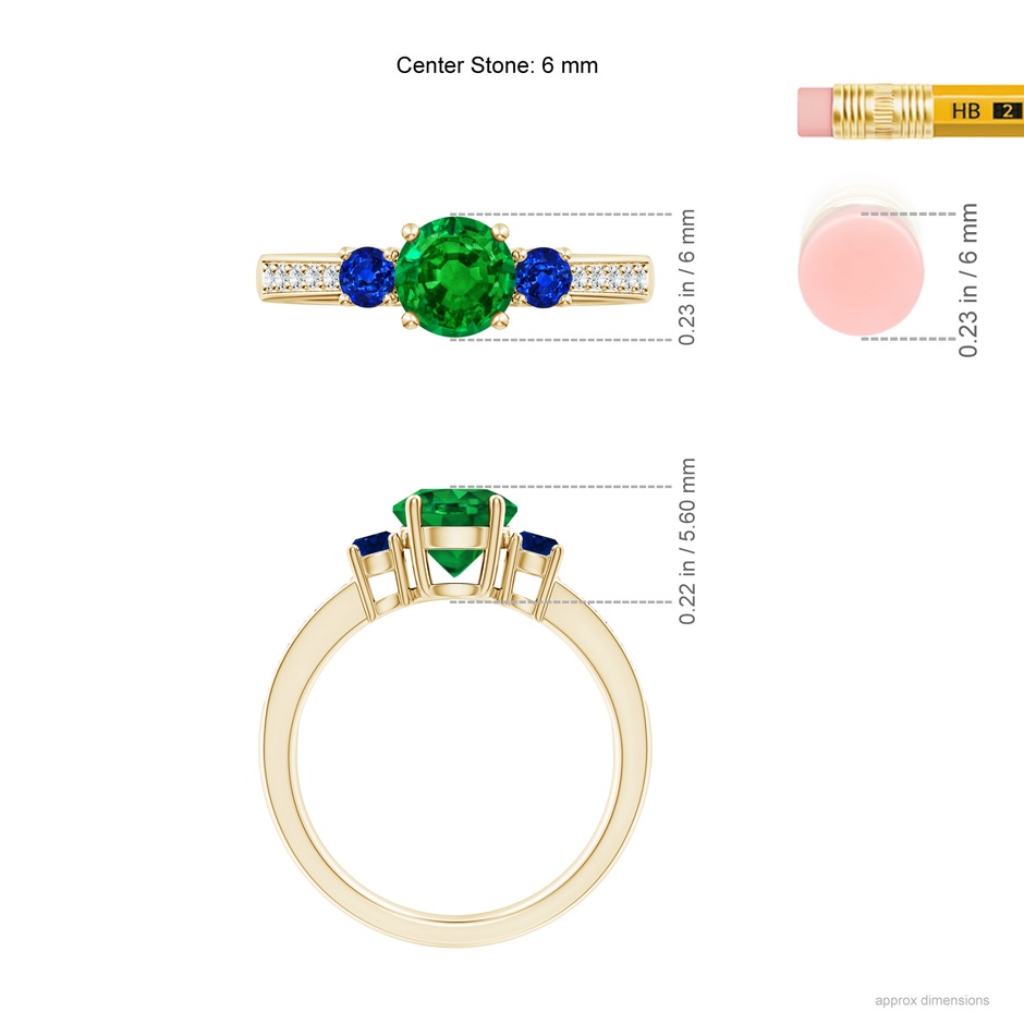 6mm AAAA Classic Three Stone Emerald and Blue Sapphire Ring in Yellow Gold ruler