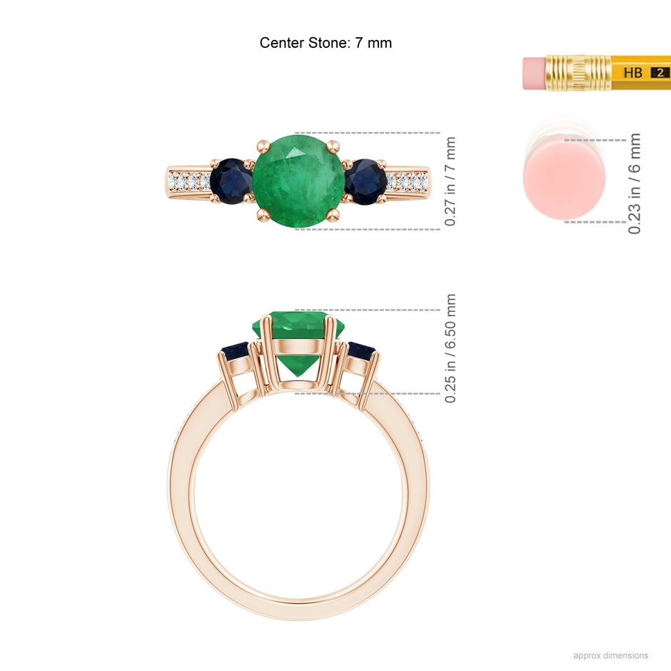 7mm A Classic Three Stone Emerald and Blue Sapphire Ring in Rose Gold ruler