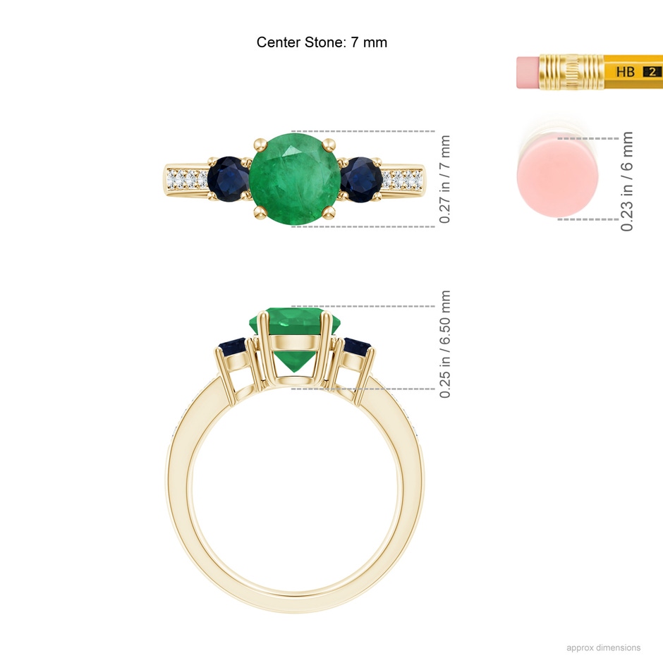 7mm A Classic Three Stone Emerald and Blue Sapphire Ring in Yellow Gold ruler