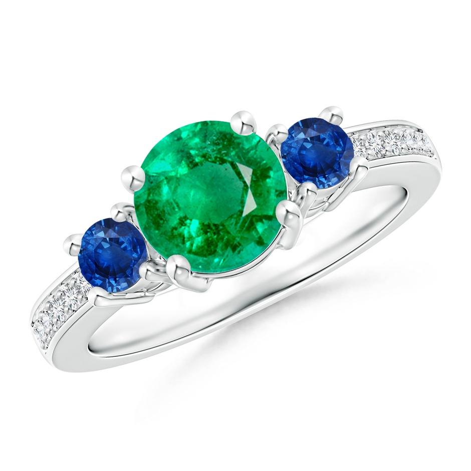 7mm AAA Classic Three Stone Emerald and Blue Sapphire Ring in P950 Platinum 