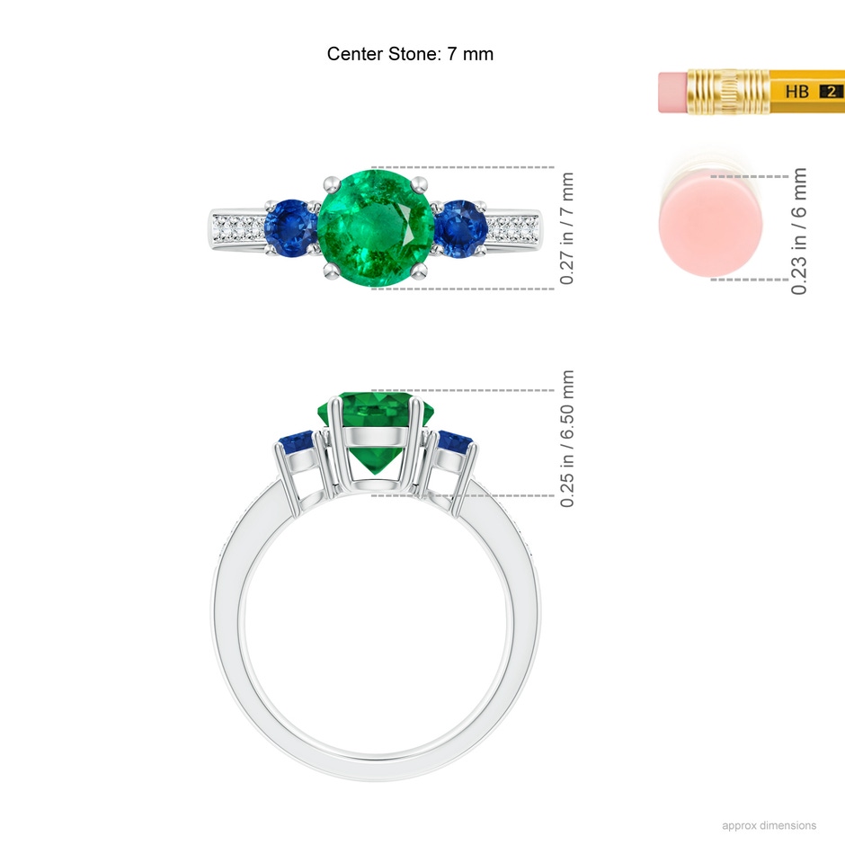 7mm AAA Classic Three Stone Emerald and Blue Sapphire Ring in White Gold ruler