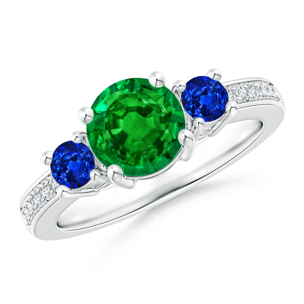 7mm AAAA Classic Three Stone Emerald and Blue Sapphire Ring in P950 Platinum 