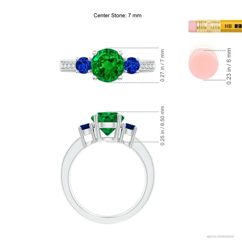 7mm AAAA Classic Three Stone Emerald and Blue Sapphire Ring in P950 Platinum Ruler