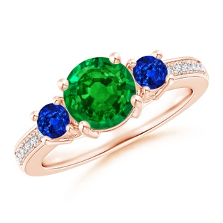 7mm AAAA Classic Three Stone Emerald and Blue Sapphire Ring in Rose Gold