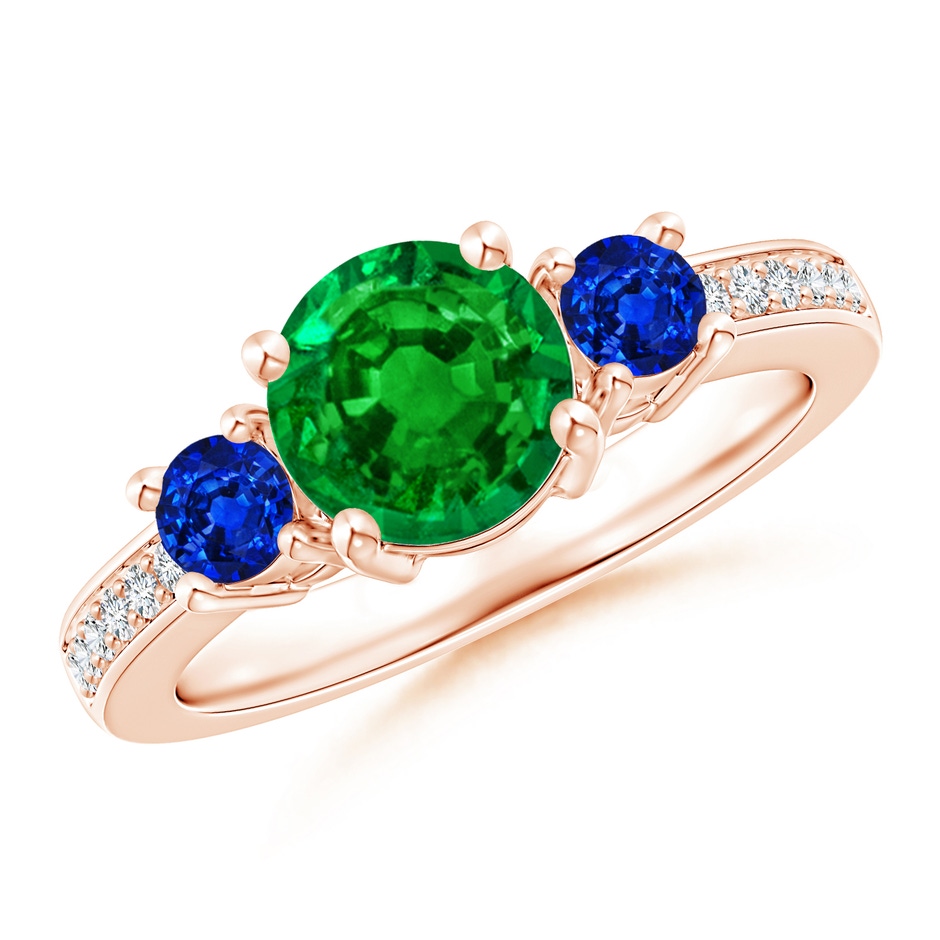 7mm AAAA Classic Three Stone Emerald and Blue Sapphire Ring in Rose Gold 