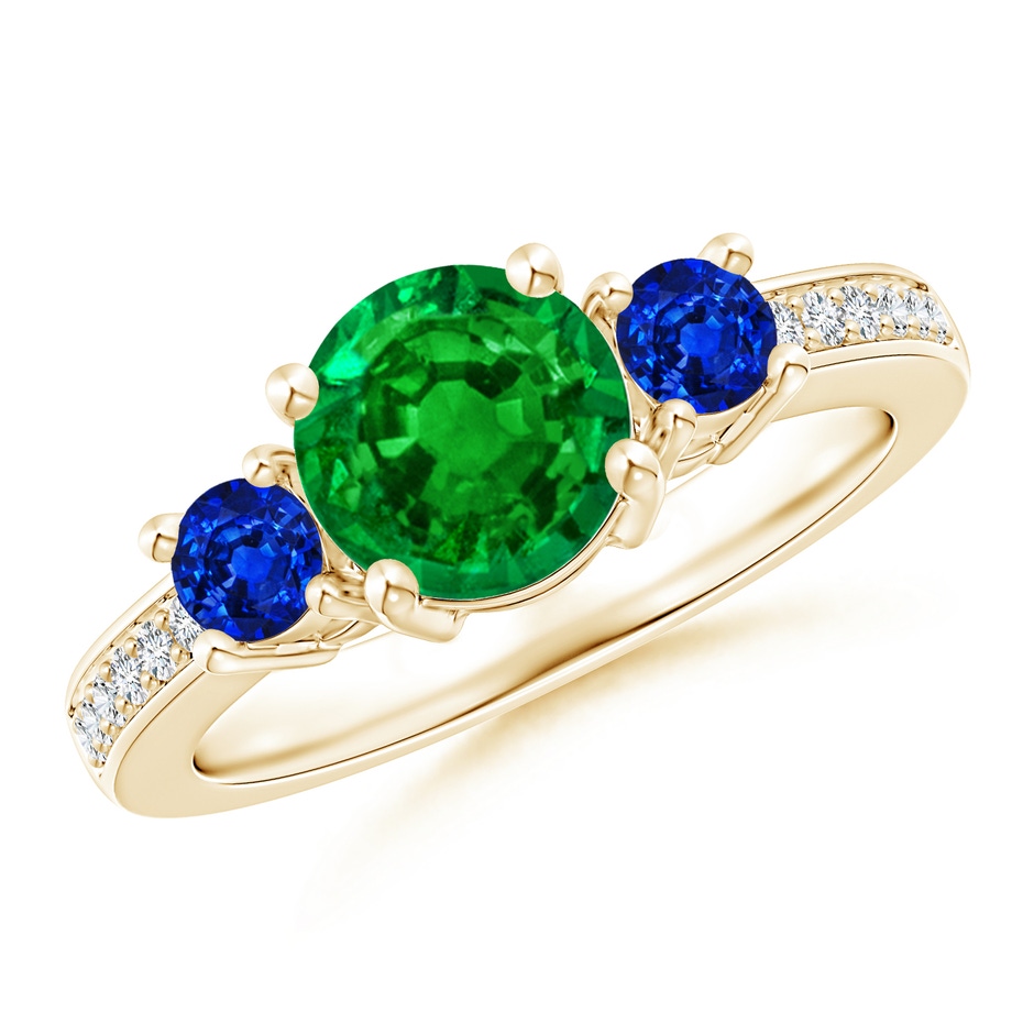 7mm AAAA Classic Three Stone Emerald and Blue Sapphire Ring in Yellow Gold 