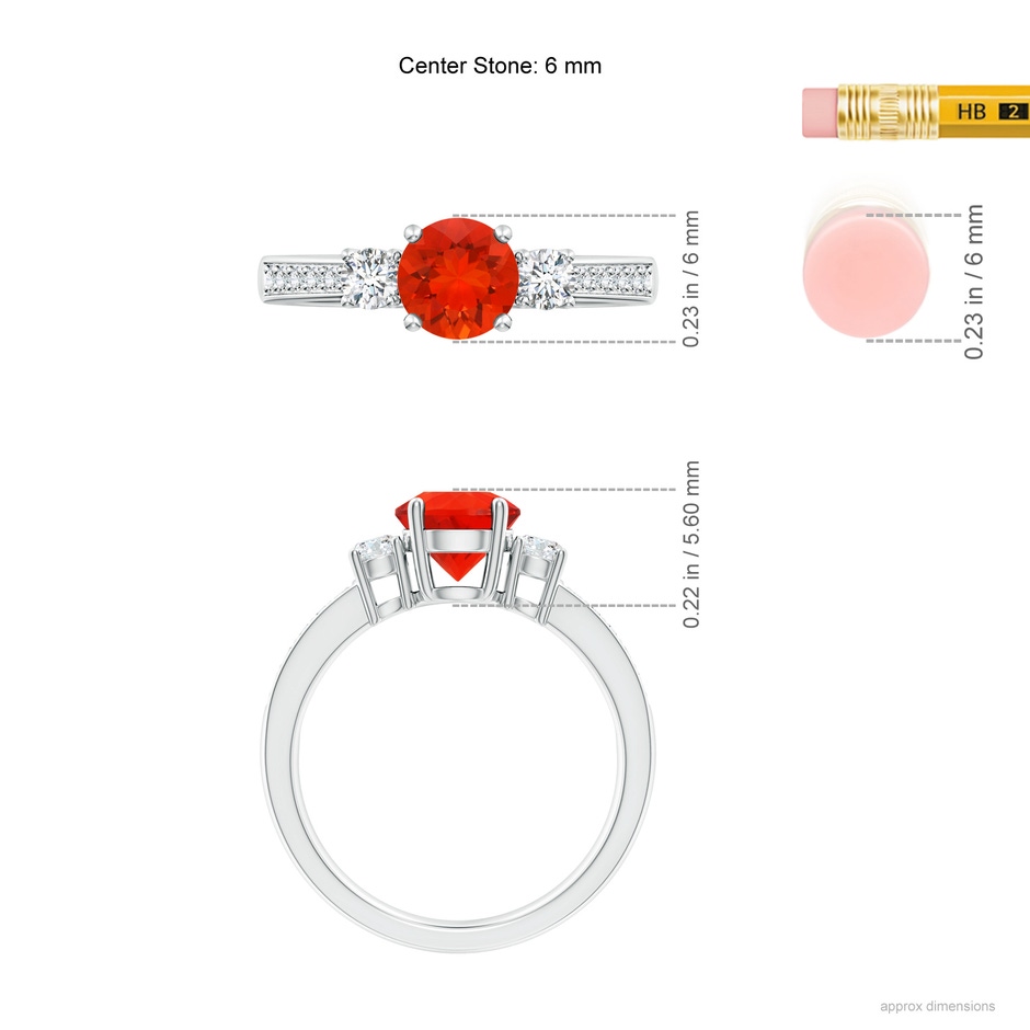 6mm AAAA Classic Three Stone Fire Opal and Diamond Ring in P950 Platinum ruler