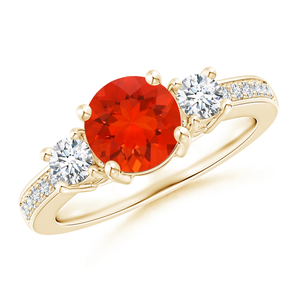 7mm AAAA Classic Three Stone Fire Opal and Diamond Ring in Yellow Gold