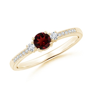 4mm AAA Classic Three Stone Garnet and Diamond Ring in Yellow Gold