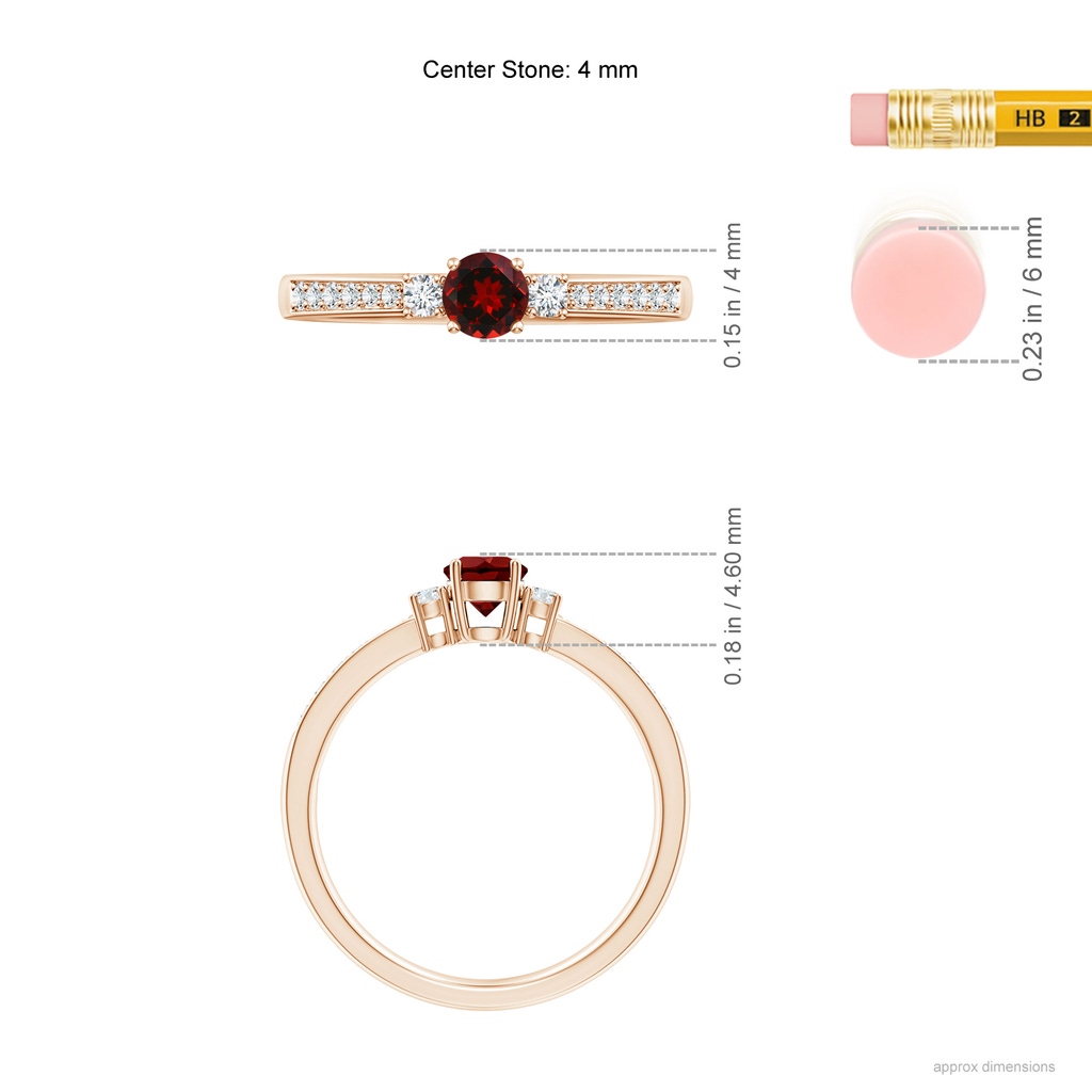 4mm AAAA Classic Three Stone Garnet and Diamond Ring in Rose Gold Ruler
