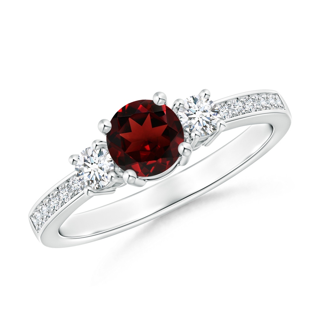 5mm AAA Classic Three Stone Garnet and Diamond Ring in White Gold