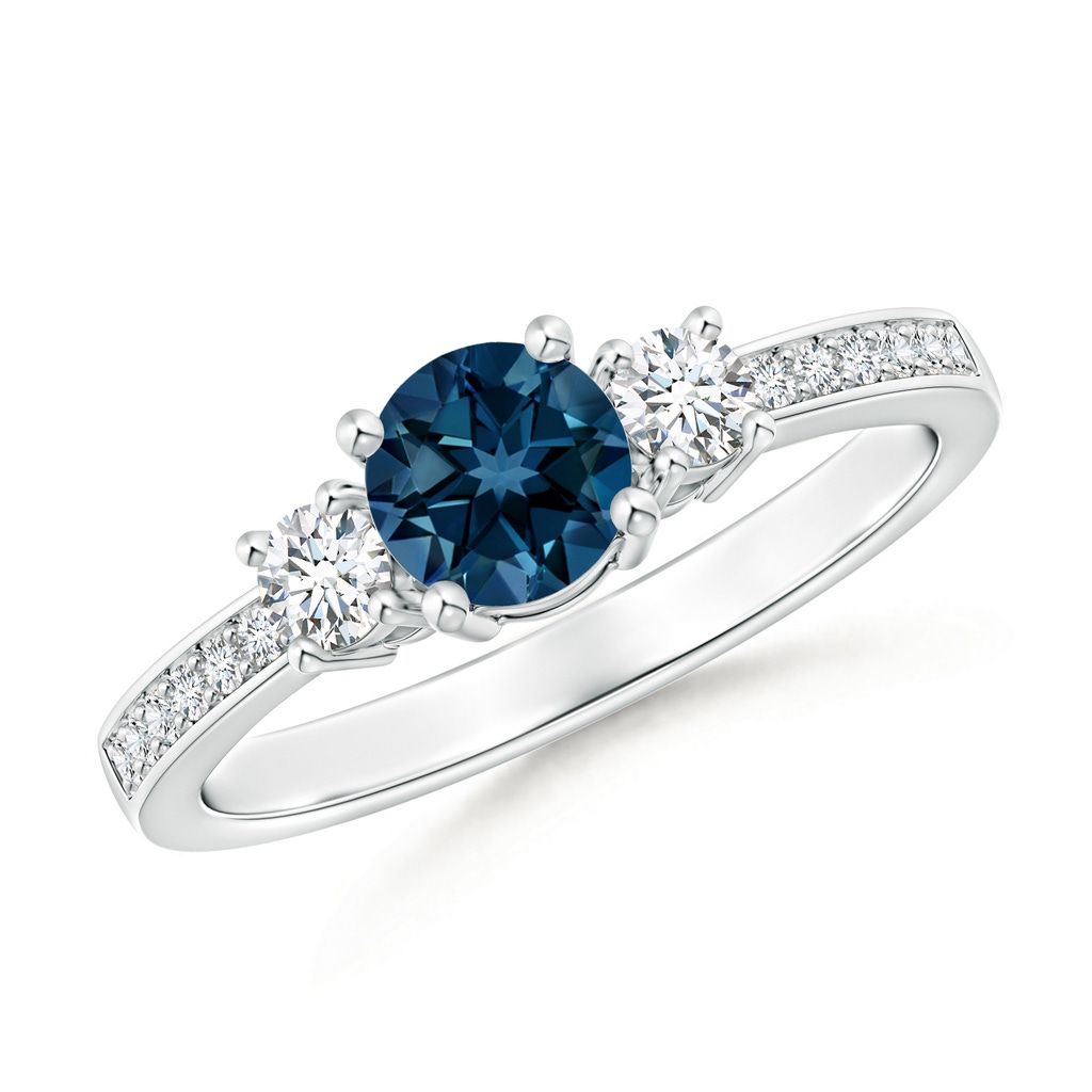 5mm AAAA Classic Three Stone London Blue Topaz and Diamond Ring in White Gold