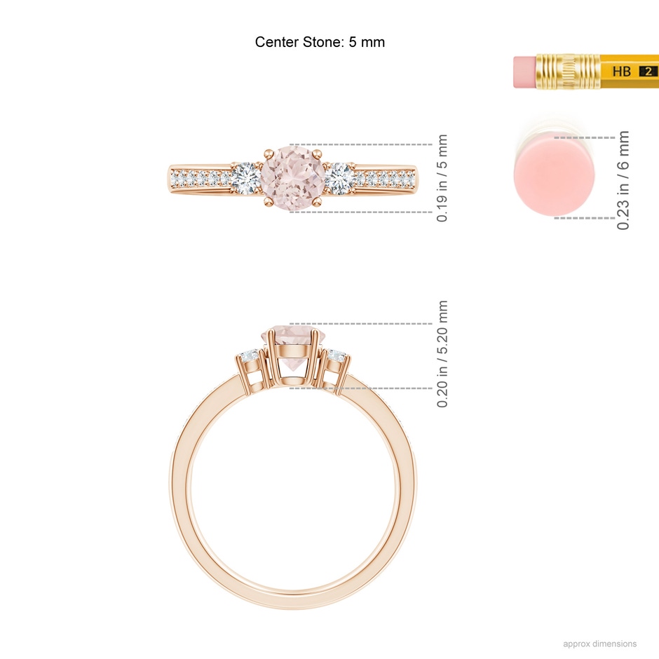 5mm A Classic Three Stone Round Morganite and Diamond Engagement Ring in 9K Rose Gold ruler