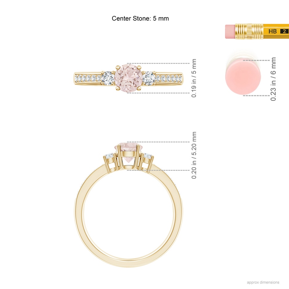 5mm A Classic Three Stone Round Morganite and Diamond Engagement Ring in Yellow Gold ruler