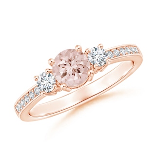 5mm AA Classic Three Stone Morganite and Diamond Ring in 10K Rose Gold