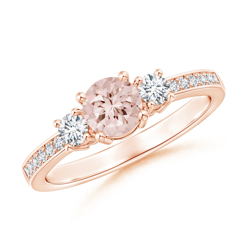 5mm AA Classic Three Stone Round Morganite and Diamond Engagement Ring in Rose Gold 