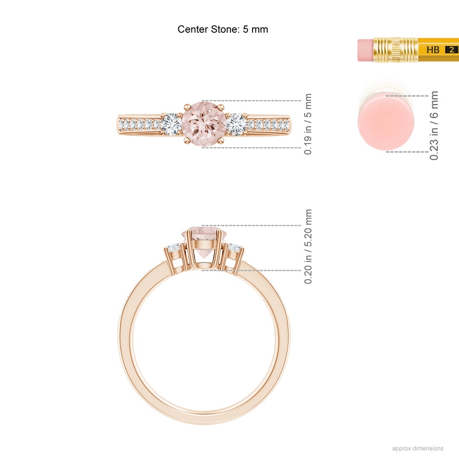 5mm AA Classic Three Stone Round Morganite and Diamond Engagement Ring in Rose Gold ruler