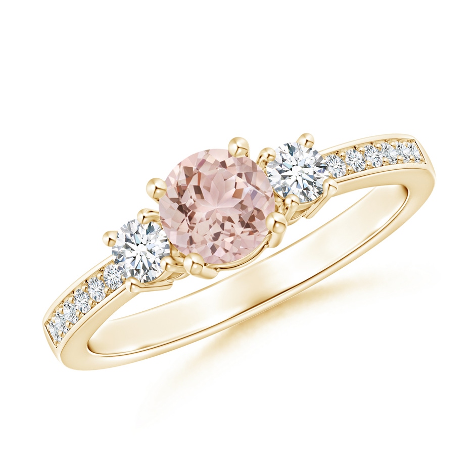 5mm AAA Classic Three Stone Round Morganite and Diamond Engagement Ring in 9K Yellow Gold 