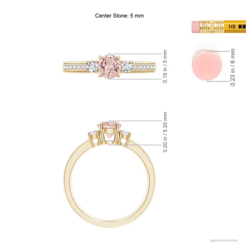 5mm AAA Classic Three Stone Round Morganite and Diamond Engagement Ring in 9K Yellow Gold ruler