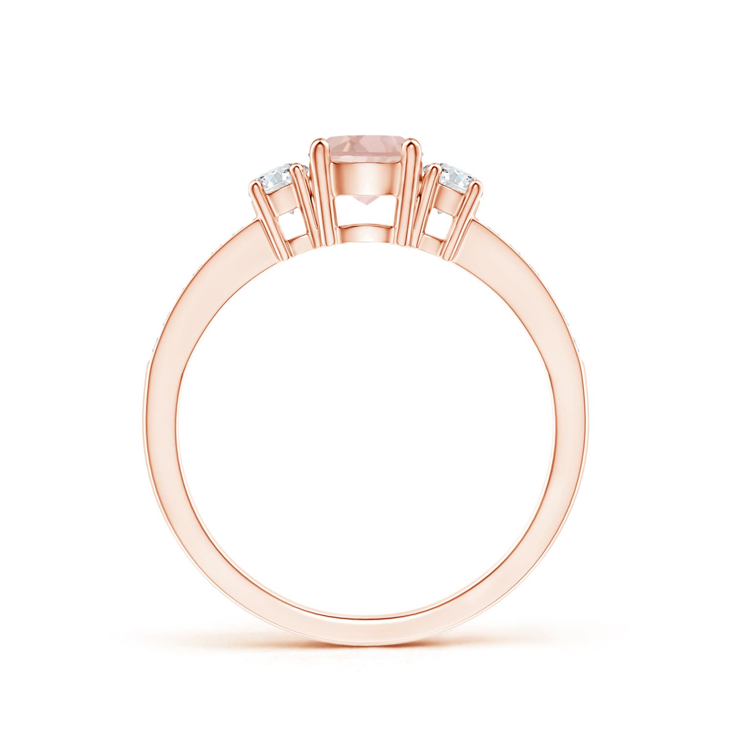 5mm AAA Classic Three Stone Round Morganite and Diamond Engagement Ring in Rose Gold - side 3