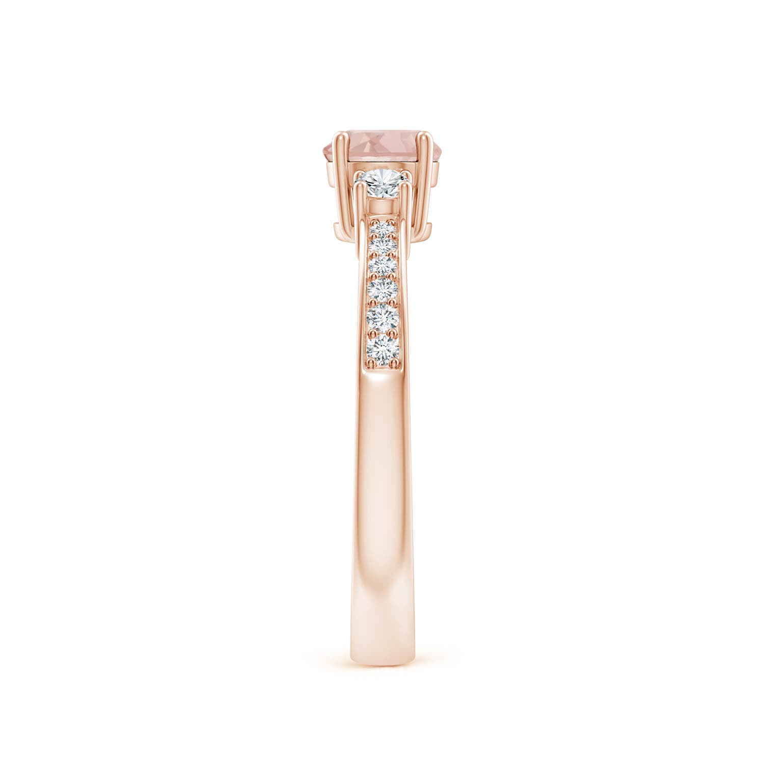 5mm AAA Classic Three Stone Round Morganite and Diamond Engagement Ring in Rose Gold - side 5