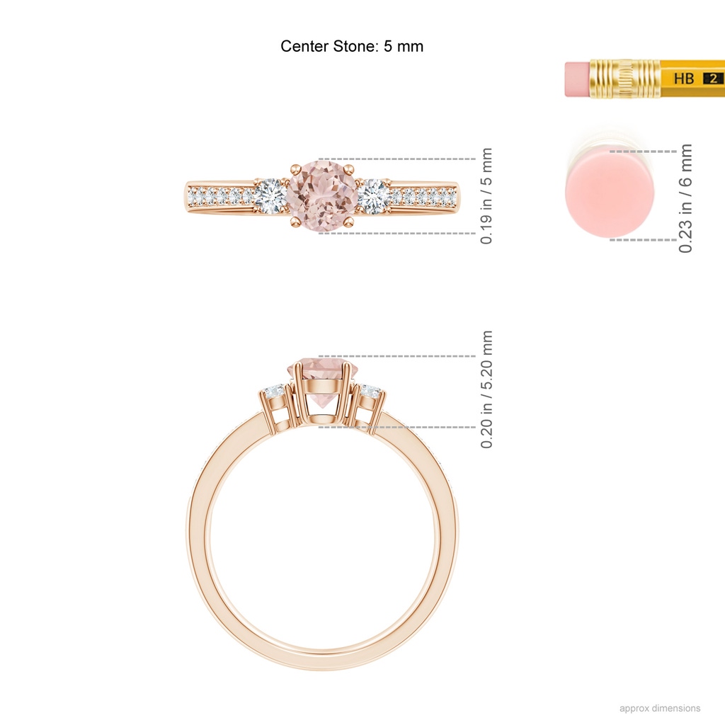 5mm AAA Classic Three Stone Morganite and Diamond Ring in Rose Gold Ruler