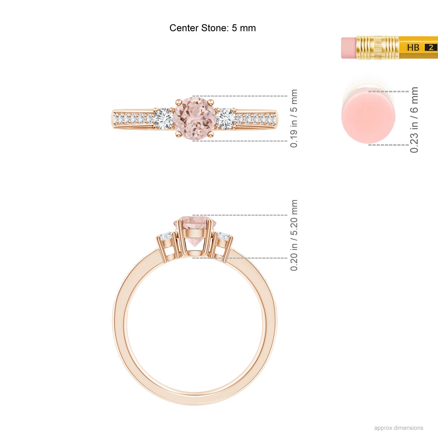 5mm AAA Classic Three Stone Round Morganite and Diamond Engagement Ring in Rose Gold - ruler