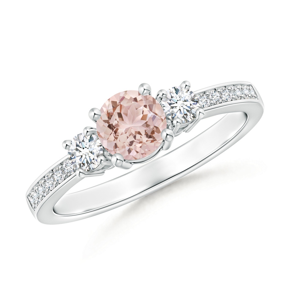 5mm AAA Classic Three Stone Round Morganite and Diamond Engagement Ring in White Gold 
