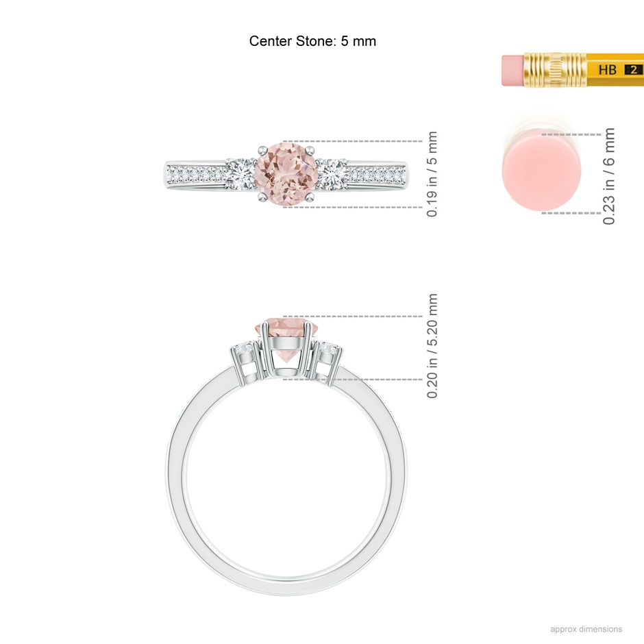 5mm AAA Classic Three Stone Round Morganite and Diamond Engagement Ring in White Gold ruler