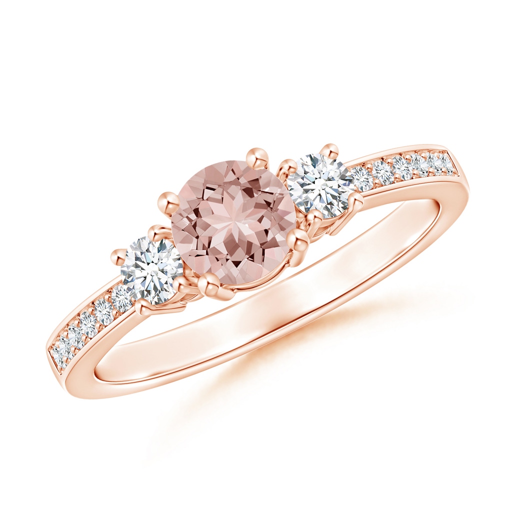 5mm AAAA Classic Three Stone Morganite and Diamond Ring in Rose Gold