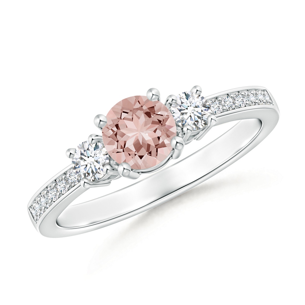 5mm AAAA Classic Three Stone Morganite and Diamond Ring in White Gold