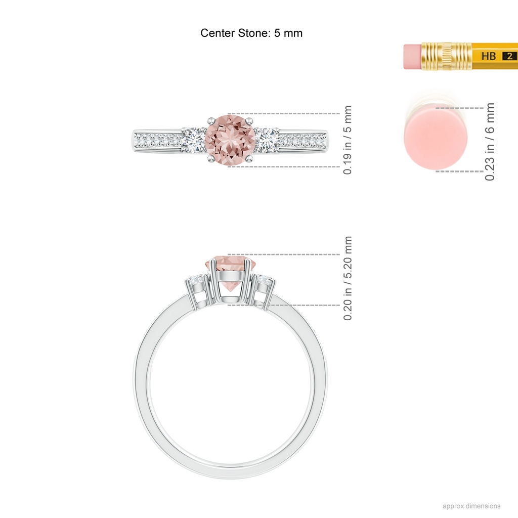 5mm AAAA Classic Three Stone Morganite and Diamond Ring in White Gold Ruler